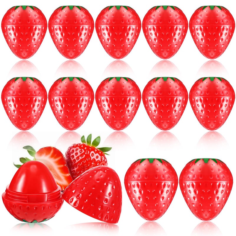 Dimsile 12 Pcs Cute Lip Balm Strawberry Wrinkle Repair Moisturizing and Plumping Lasting Hydrating Strawberry Shaped Lip Protector for Women Valentines Gift